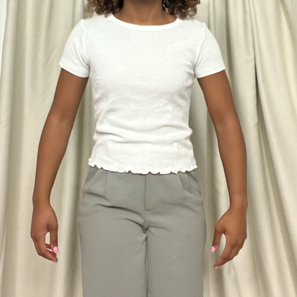 Waffle white t-shirt ruffled edge tees short sleeve